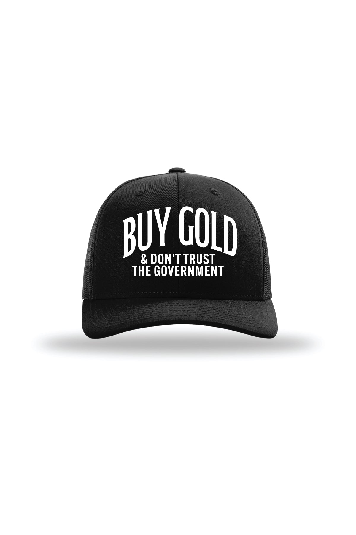 Buy Gold & Don't Trust the Government Trucker Hat in Black, front view