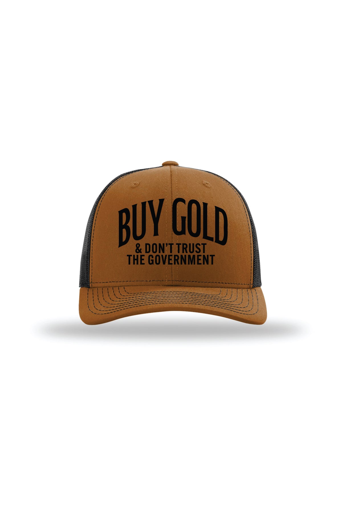 Buy Gold & Don't Trust the Government Trucker Hat in Caramel/ Black, front view