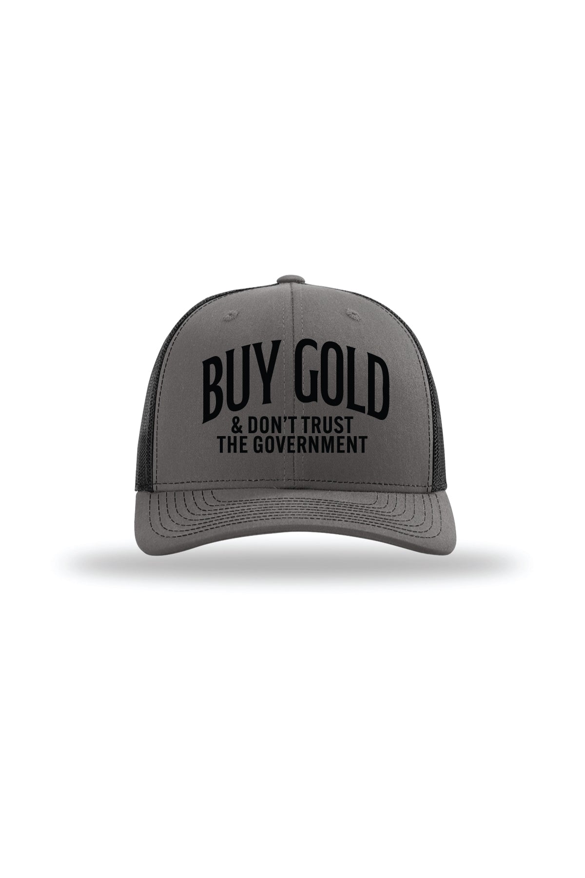 Buy Gold & Don't Trust the Government Trucker Hat in Charcoal/ Black, front view