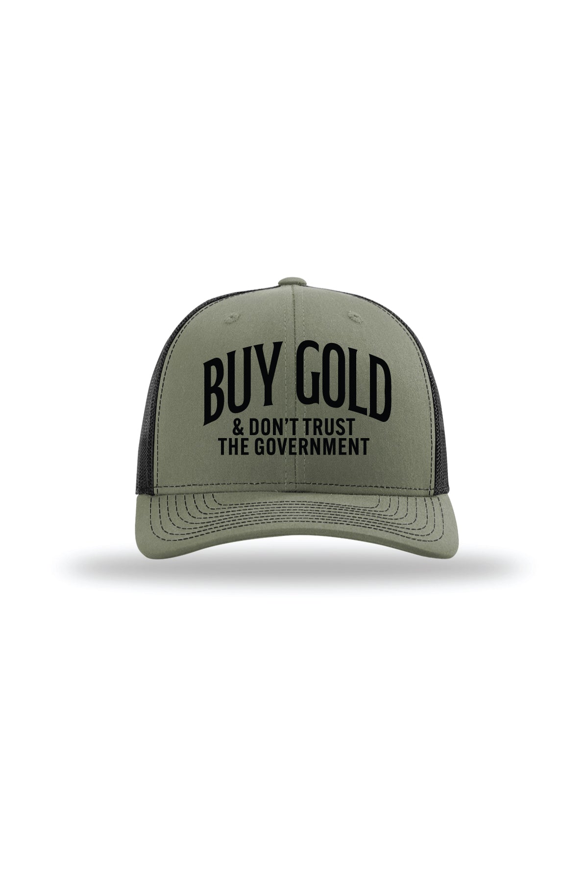 Buy Gold & Don't Trust the Government Trucker Hat in Loden/ Black, front view