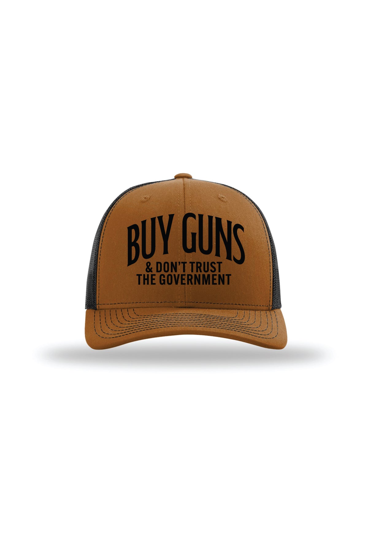 Buy Guns & Don't Trust the Government Trucker Hat in Caramel/ Black, front view