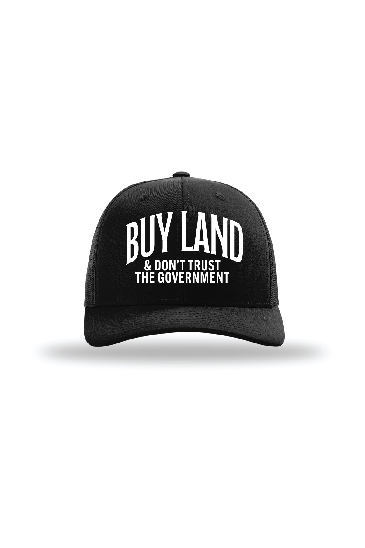 Buy Land & Don't Trust the Government Trucker Hat in Black, front view