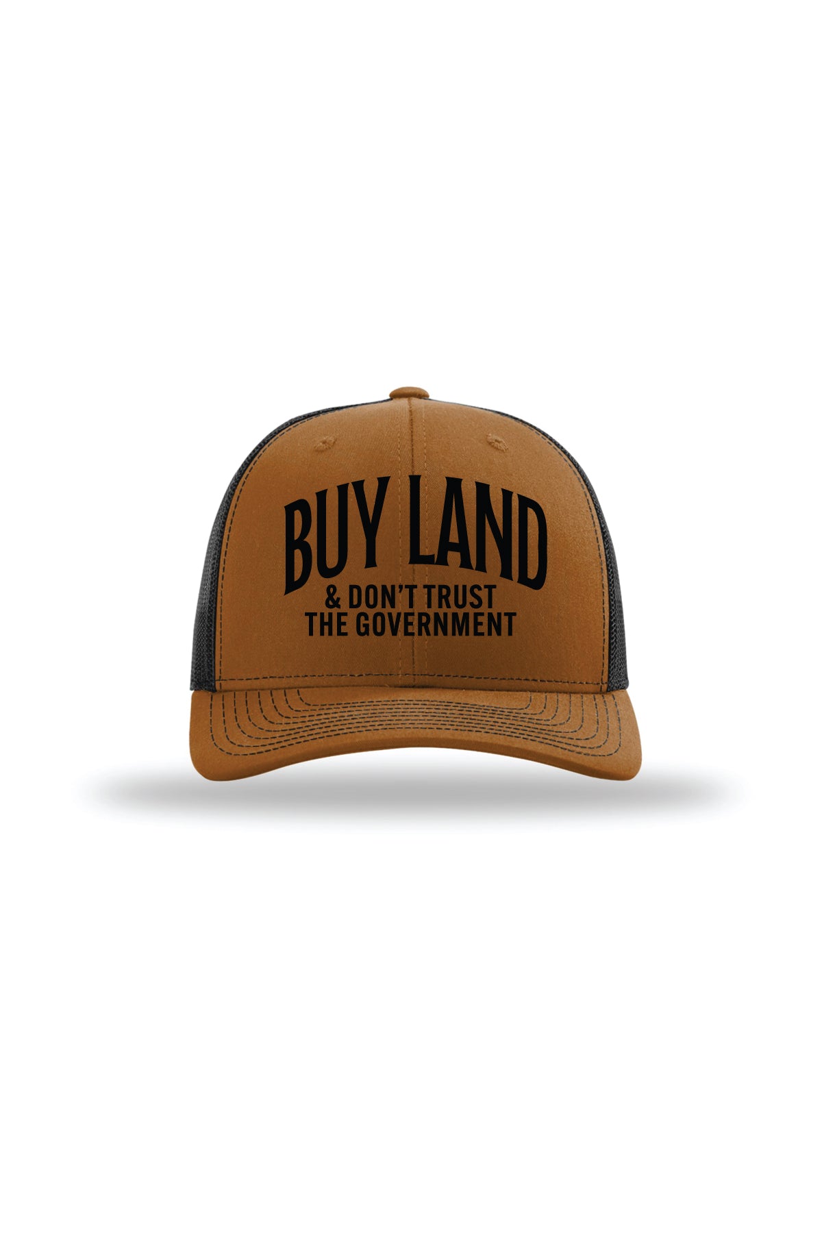 Buy Land & Don't Trust the Government Trucker Hat in Caramel/ Black, front view
