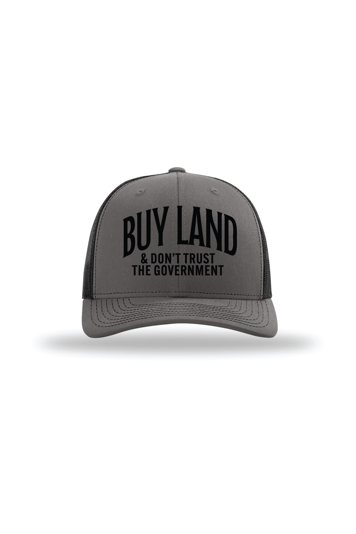Buy Land & Don't Trust the Government Trucker Hat in Charcoal/ Black, front view