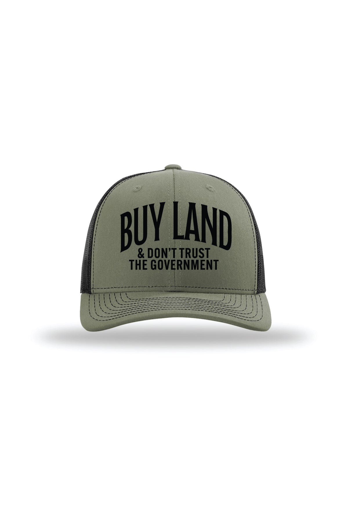 Buy Land & Don't Trust the Government Trucker Hat in Loden/ Black, front view