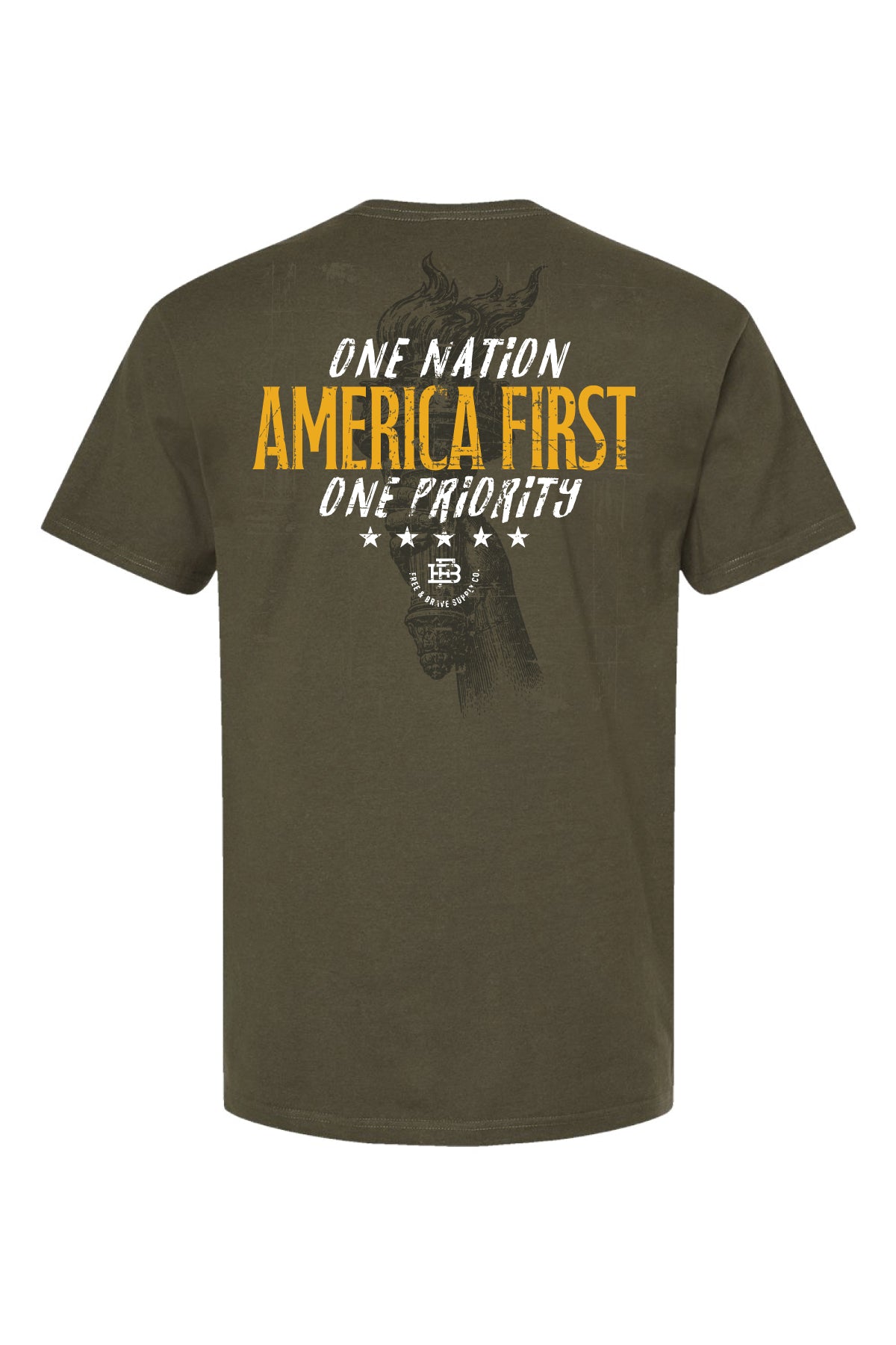 One Nation America First One Priority Tee military green back