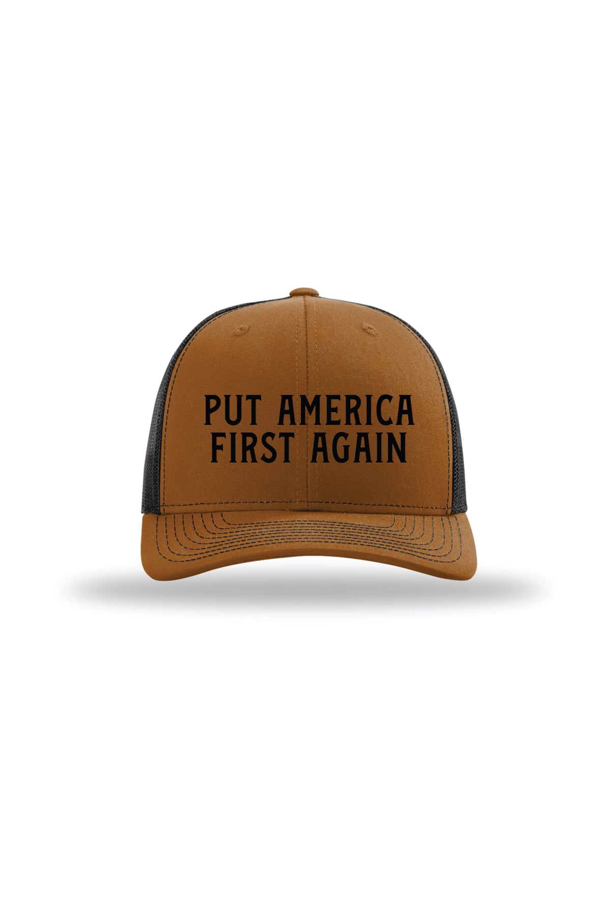 Put America First Again trucker hat caramel black